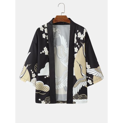 Mens Crane   Floral Graphic Front Open Luxury Kimonos