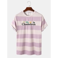 Men Striped Animal Letter Embroidery Short Sleeve Holiday T  Shirts