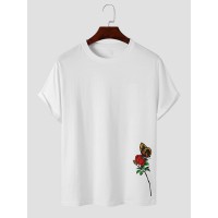 Men Butterfly   Rose Print Soft Breathable Round Neck Top Casual T  Shirts