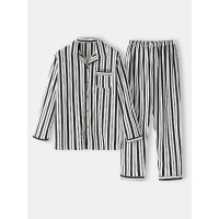 Cotton Mens Vertical Stripes Revere Collar Long Sleeve Home Pajama Set With Pocket