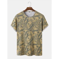 Men Cotton Graphic Leaf Print Hem Cuff O Neck Short Sleeve Casual T  Shirt